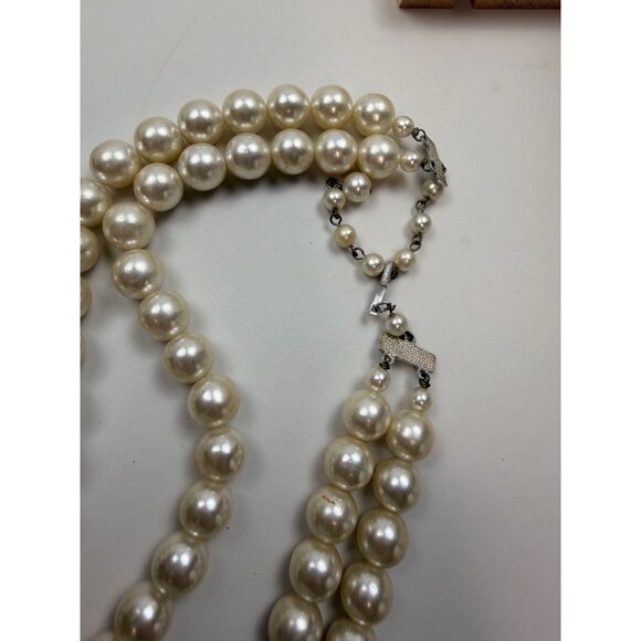 Signed JAPAN Double Strand Faux Pearl Necklace With Rhinestone Clasp - 20" Elega - Picture 2 of 12